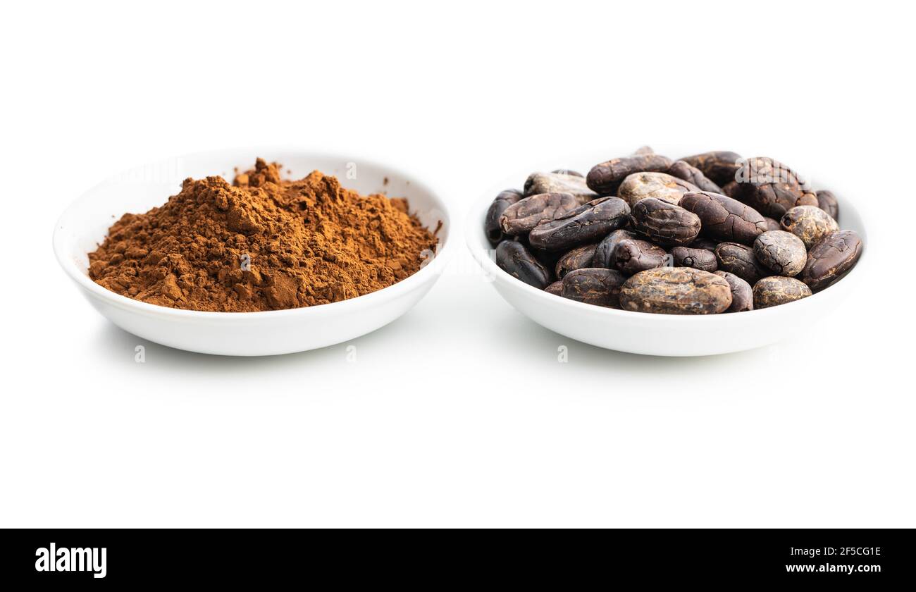 Cacao in grani arrosto e cacao in polvere isolato su fondo bianco. Foto Stock