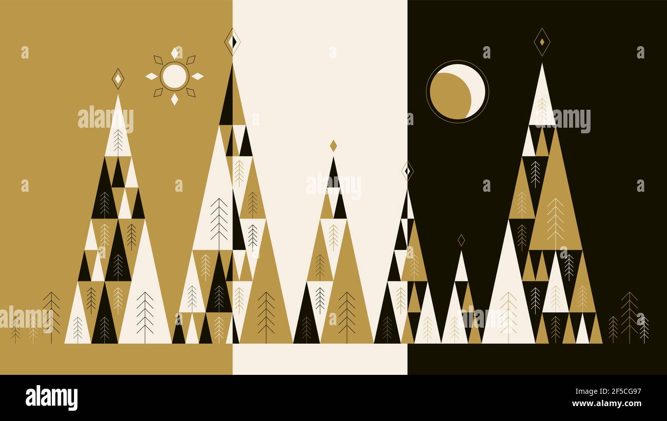 Raccolta di alberi disegnati a mano su sfondo nero, bianco, marrone cartoon illustrazione vettoriale. Illustrazione Vettoriale