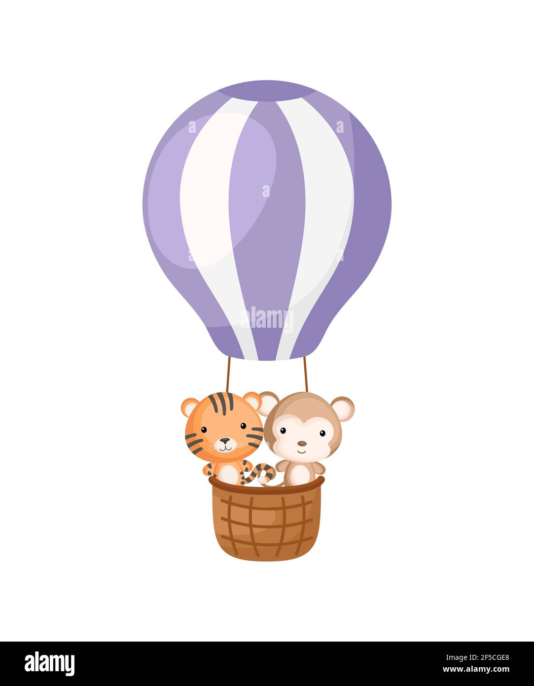 Carino tigre, scimmia volare su palloncino viola caldo aria. Personaggio cartoon per bambini libro, album, baby doccia, biglietto d'auguri, invito alla festa, ho Illustrazione Vettoriale