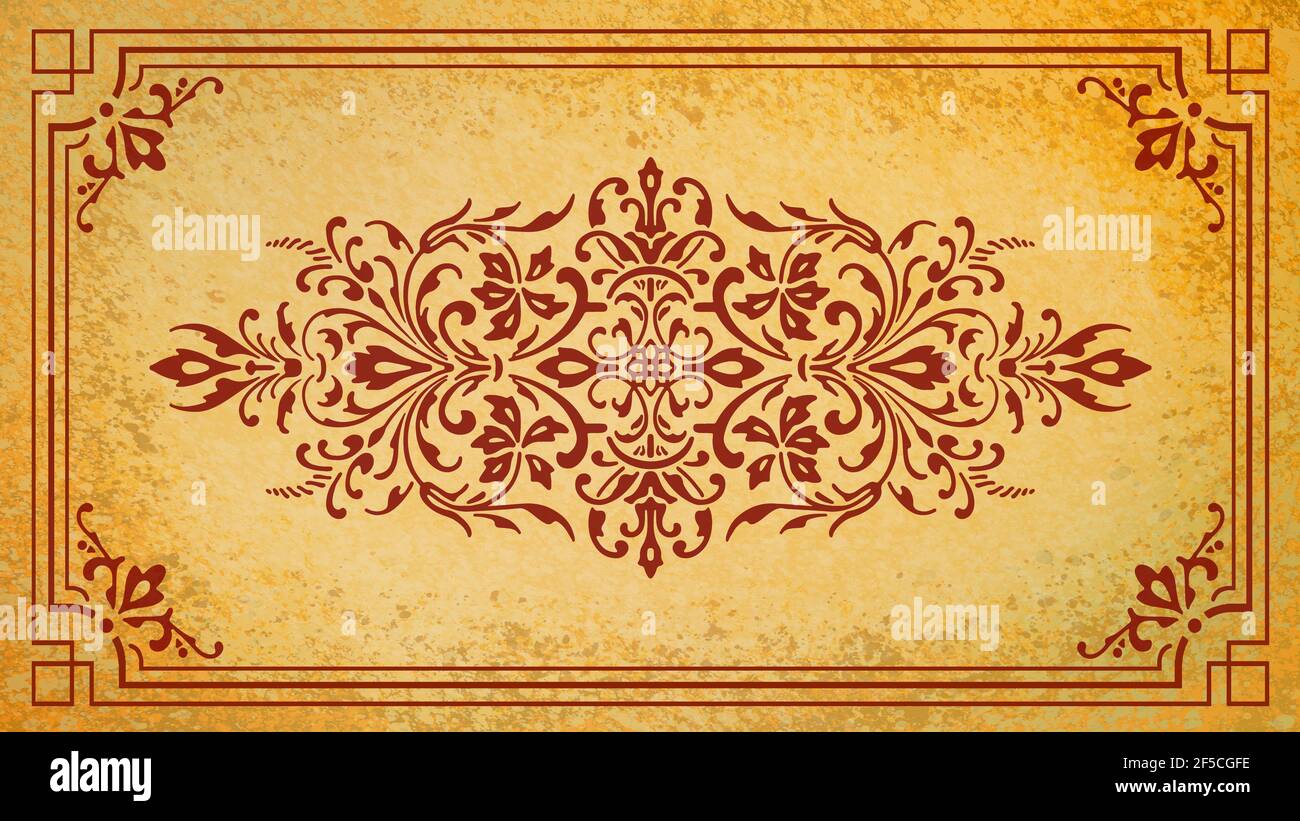 Art nouveau ornamento floreale rosso marrone su sfondo oro pastello giallo parete tessile antico vecchio modello di carta regalo di disegno layout senza tempo bello o Foto Stock