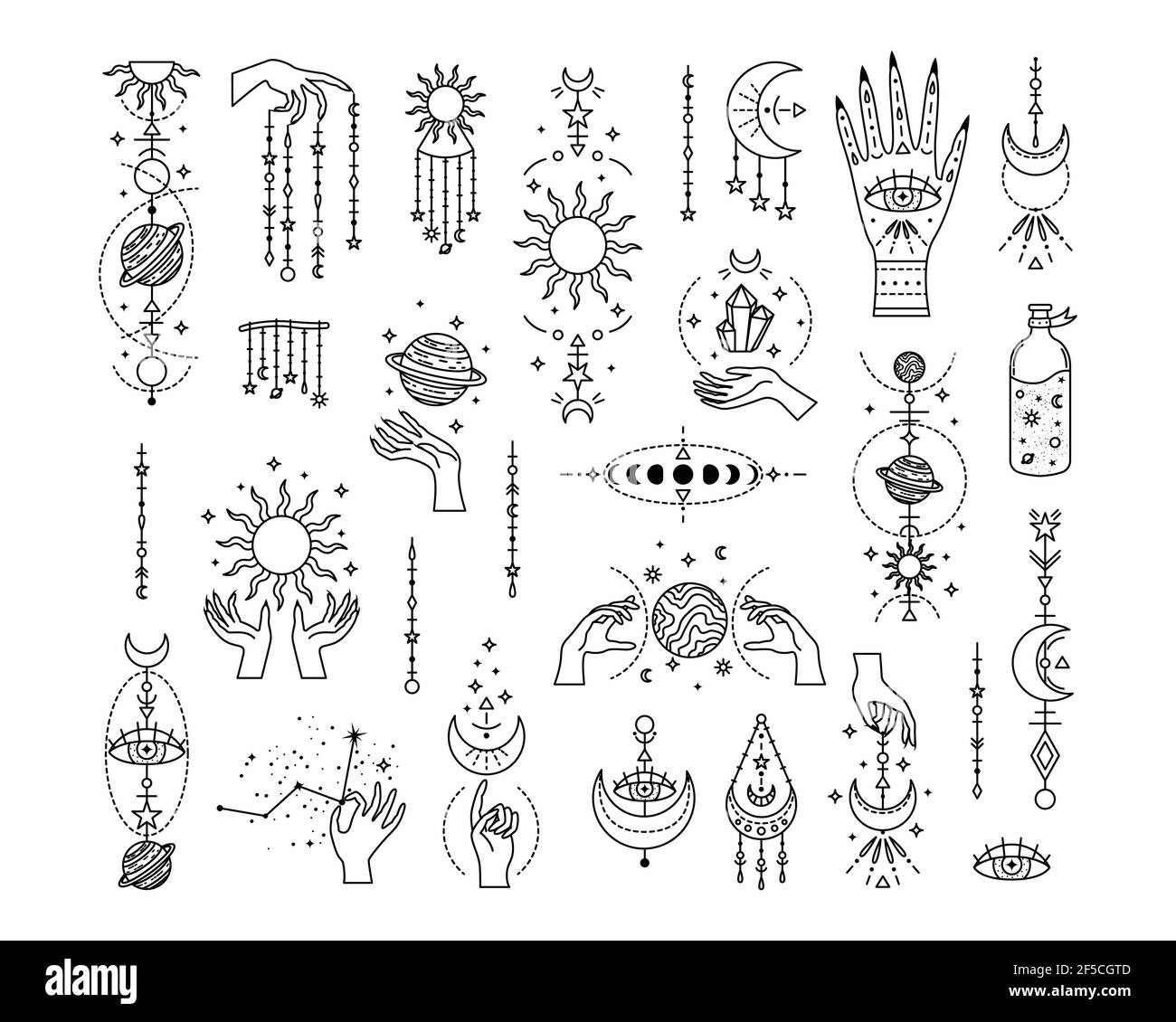Insieme di illustrazioni vettoriali astrologiche mistiche. Simboli magici. Zodiaco. Astronomia. Illustrazioni line art. Illustrazione Vettoriale