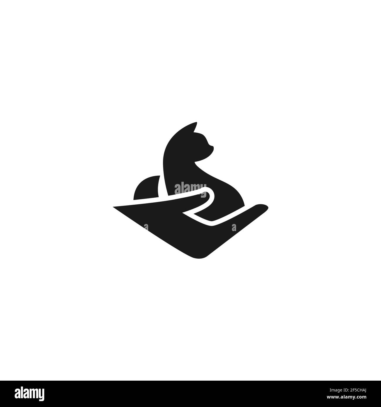 Cat in mano umana. Logo veterinario. Negozio di animali domestici. Protezione degli animali, concetto di cura. Icona isolata su bianco. Immagine piatta vettoriale. Illustrazione Vettoriale