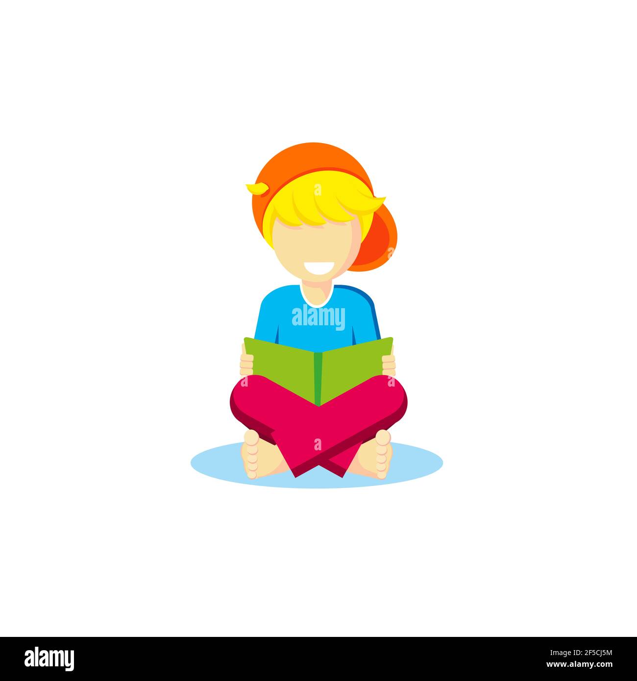 Vettore ragazzo barefoot capelli biondo siede cross-legged libro aperto in la mano guarda sorrisi ride gioia bambino infanzia studente giocattolo tempo libero asilo per bambini Foto Stock