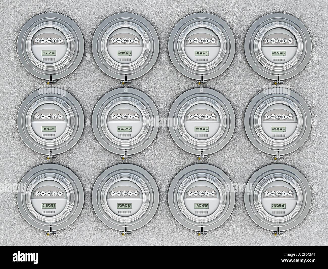 Contatori elettrici intelligenti a risparmio energetico in fila. Illustrazione 3D. Foto Stock