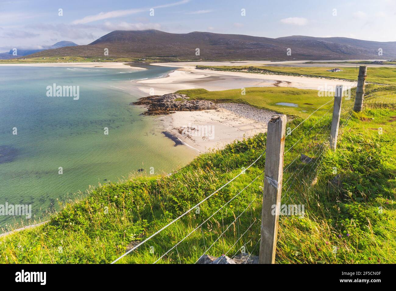 Vista panoramica della spiaggia di Seilebost su West Harris. Stagione estiva sulle Ebridi esterne. Foto Stock