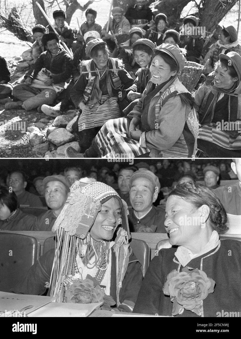 (210326) -- LHASA, 26 marzo 2021 (Xinhua) -- in questa foto di file combinato, la parte superiore mostra Cering Lhamo (fronte) chattando con altre persone durante una pausa di lavoro nel 1978; e la parte inferiore mostra Cering Lhamo (R) partecipando a un incontro per onorare i lavoratori modello nel 1979. Cering Lhamo, 95 anni, è nato in un capanno shabby nella contea di Lhunze, nella regione autonoma del Tibet. Divenne un serf per un signore all'età di 6 anni, ed è stata costretta a lasciare i suoi genitori e andare in un altro maniero a 12, come i serfs potevano essere venduti o inviati ad altri signori a volontà nei vecchi tempi. Una tale situazione è giunta alla fine nel 1959, dopo un processo democratico Foto Stock