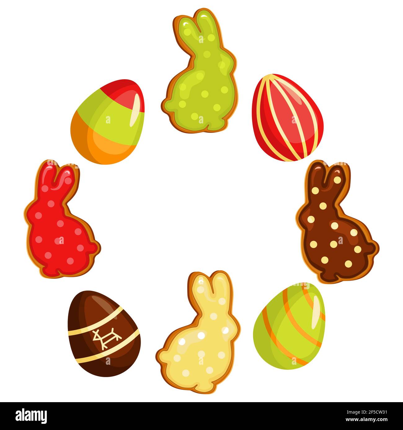 Festa di Pasqua banner, con uova di Pasqua e biscotti di pan di zenzero disposti in cerchio. Vettore Illustrazione Vettoriale