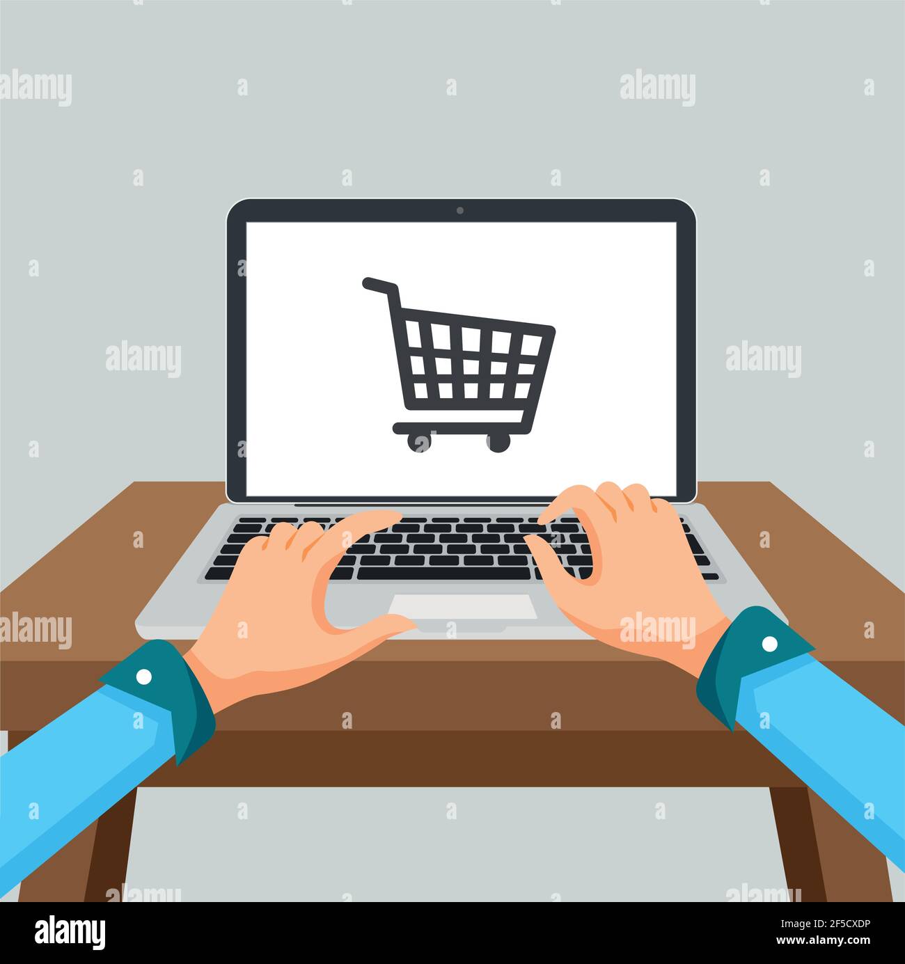 Concetto di shopping online con persona e laptop. Carrello acquisti sullo schermo per l'acquisto online. Illustrazione Vettoriale