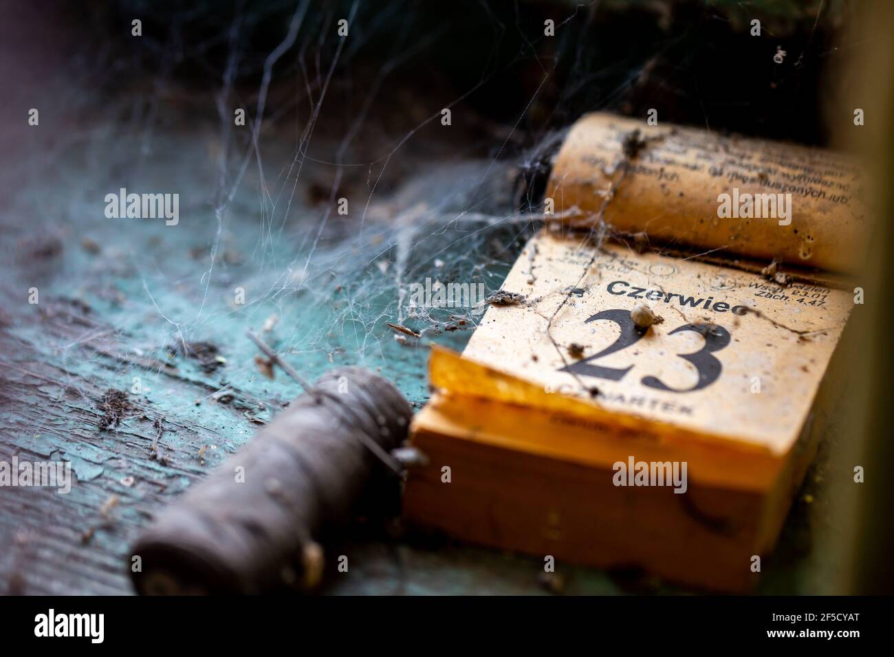 Fili polverosi e un calendario parete sul tavolo in una casa abbandonata Foto Stock
