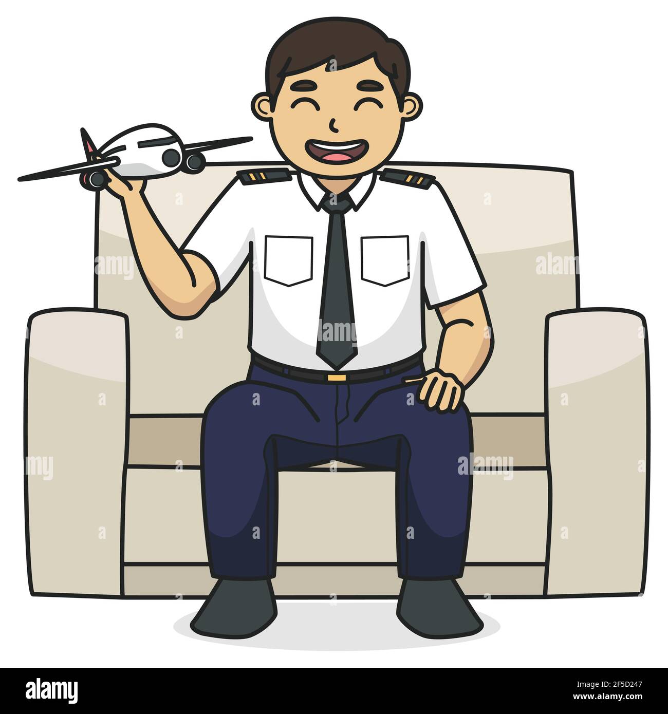 Il personaggio papà che è un pilota tiene un aereo giocattolo mentre si siede sul divano. Illustrazione del libro dei bambini. Illustrazione vettoriale Illustrazione Vettoriale