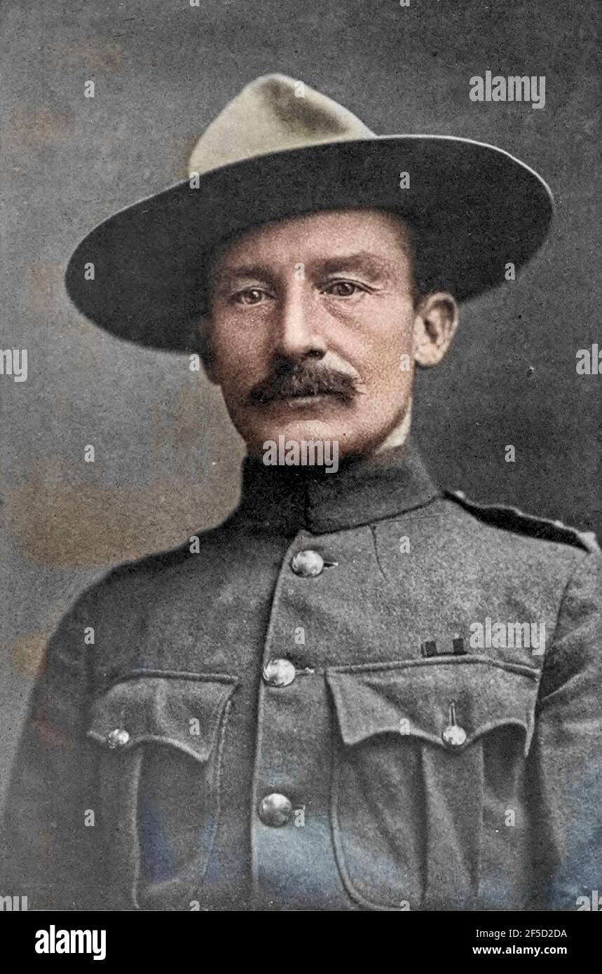 Il tenente generale Robert Stephenson Smyth Baden-Powell, 1° barone Baden-Powell, OM, GCMG, GCVO, KCB, KStJ, DL (1941 febbraio 1857 – 8 gennaio 22), è stato un ufficiale, scrittore, fondatore e primo capo scout dell'esercito britannico del movimento mondiale scout, e fondatore, con sua sorella Agnes, del movimento mondiale Girl Guide / Girl Scout. Baden-Powell è stato autore delle prime edizioni del lavoro fondamentale Scouting for Boys, che è stata una fonte di ispirazione per il movimento Scout. Dal libro ' Boer and Bridisher in Sud Africa; una storia della guerra Boer-British e le guerre per il Sud Africa Unito, insieme wi Foto Stock