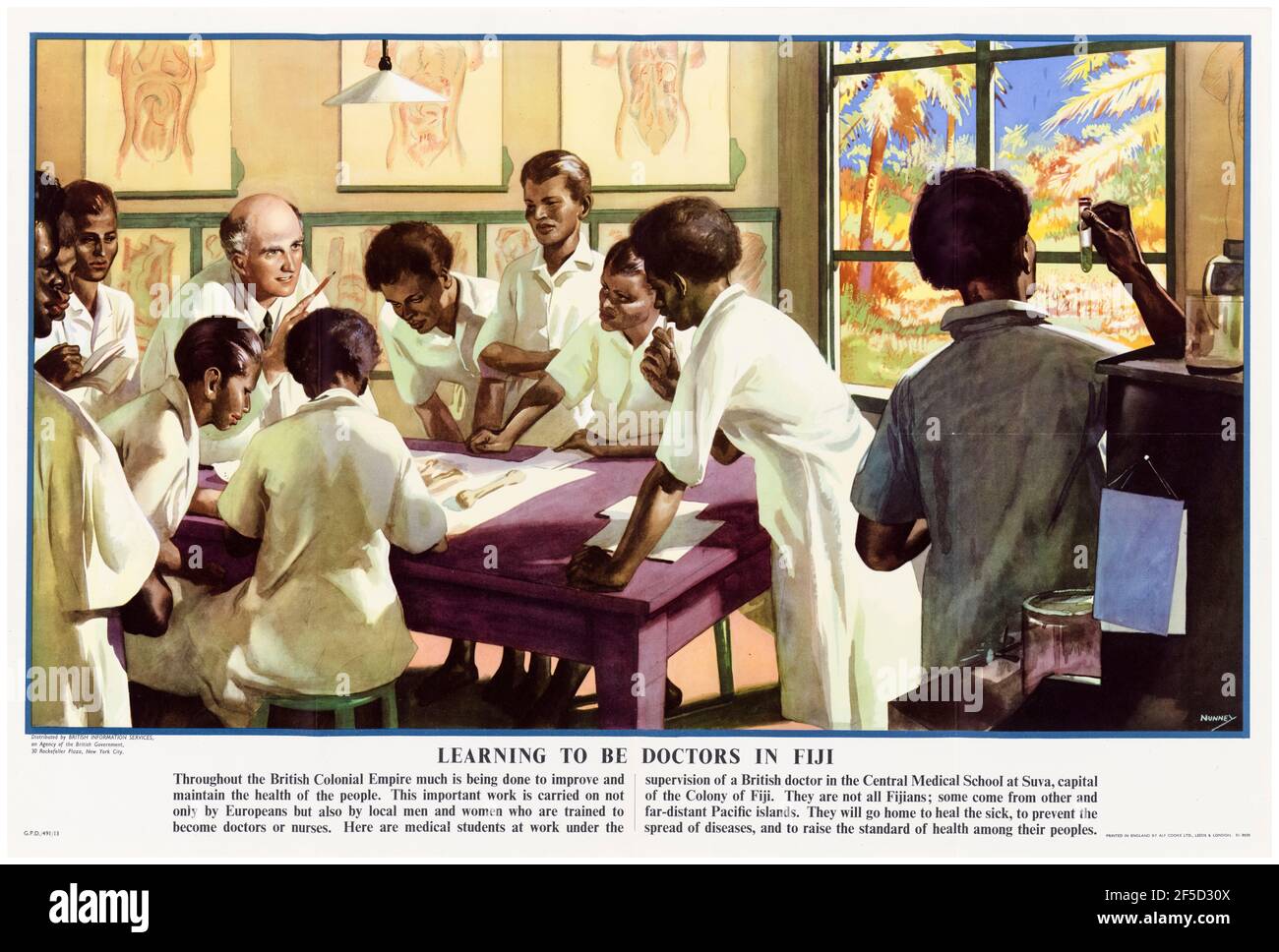 Imparare a essere Medici nelle Fiji: Dottore britannico supervisionare gli studenti della Central Medical School a Suva, Fiji, poster, 1942-1945 Foto Stock
