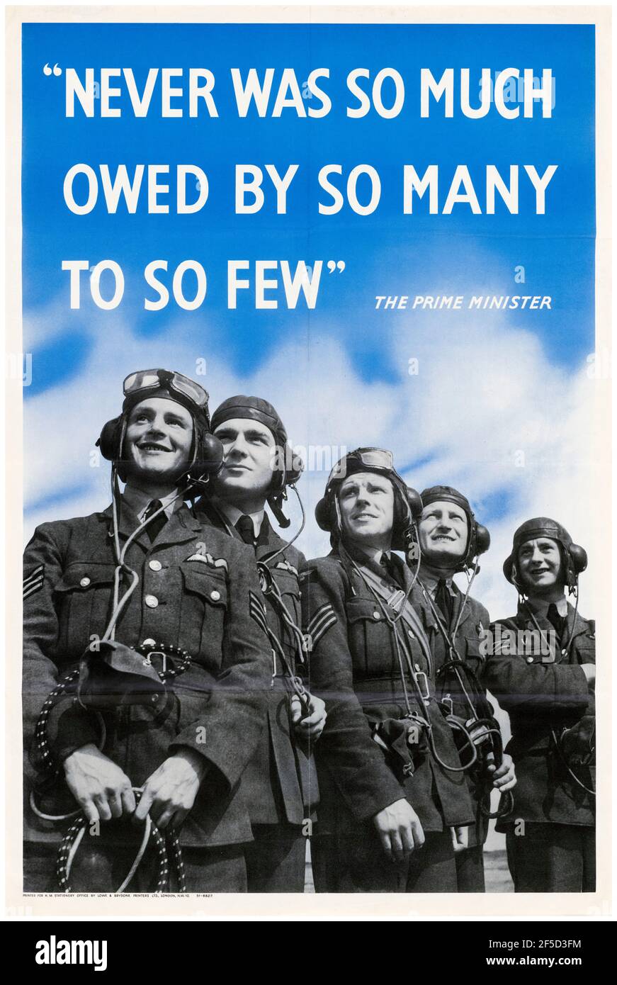 Winston Churchill quote, Battle of Britain, poster motivazionale della seconda guerra mondiale, mai così tanto dovuto da tanti, a così pochi, (con piloti combattenti), 1942-1945 Foto Stock
