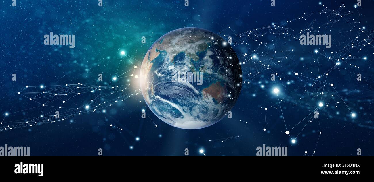 Concetto di Global Social Network e Business Connection. Il futuro di Internet e della tecnologia. Elementi arredati dalla NASA. Rendering 3D. Foto Stock