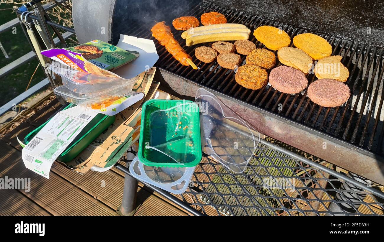 Cibo da grigliare su un fumatore barbecue, tonnellate di rifiuti di imballaggio , Germania Foto Stock