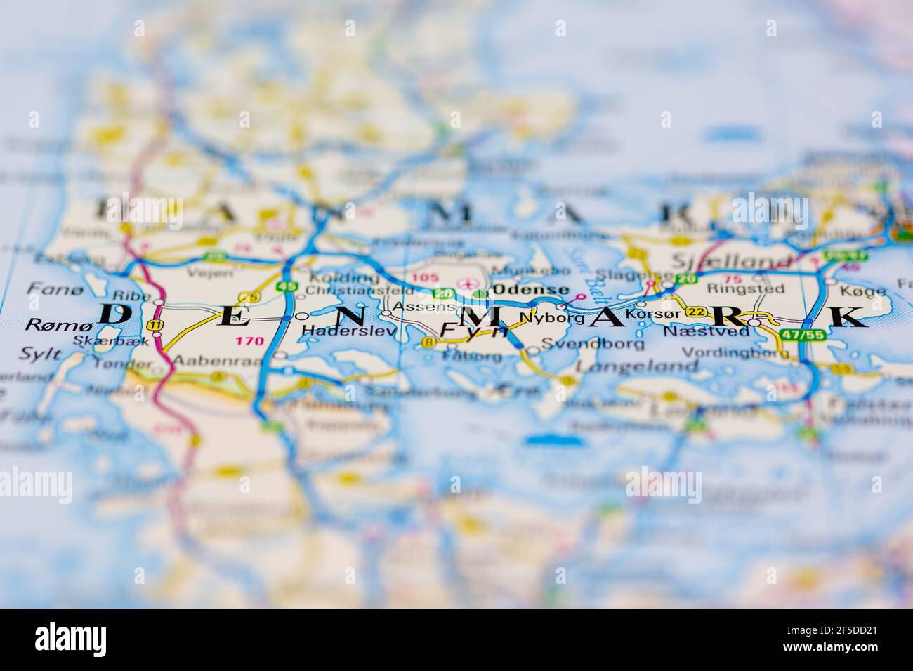La Danimarca e le aree circostanti sono mostrate su una mappa geografica o. mappa stradale Foto Stock