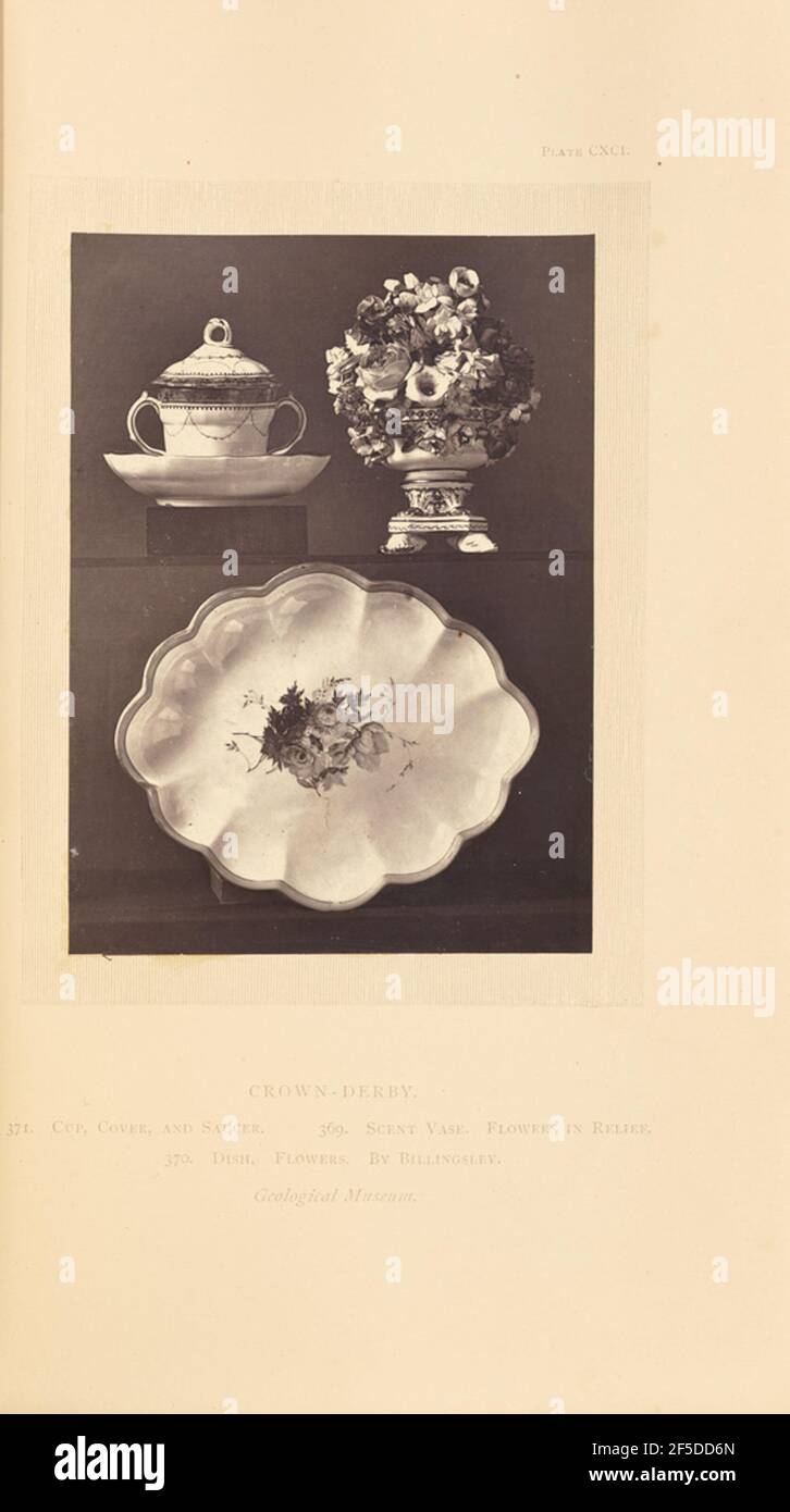 Tazza, vaso e piatto. Una tazza con coperchio e piatto su un ripiano accanto ad un vaso profumato. Sotto la mensola si trova un piatto di servizio con i bordi scottati e un gruppo di fiori al centro. Il vaso profumato è modellato a forma di bouquet di fiori in un vaso. (Recto, montaggio) in alto a destra, stampato in inchiostro nero: 'PIASTRA CXCI.' Centro inferiore, stampato in inchiostro nero: 'CROWN-DERBY. / 371. TAZZA, COPERCHIO, E SPAZIO DI PIATTINO 369. VASO PROFUMATO. FIORI IN RILIEVO. / 370. PIATTO. FIORI. DI BILLINGSLEY. / Museo geologico. Corsivo' Foto Stock