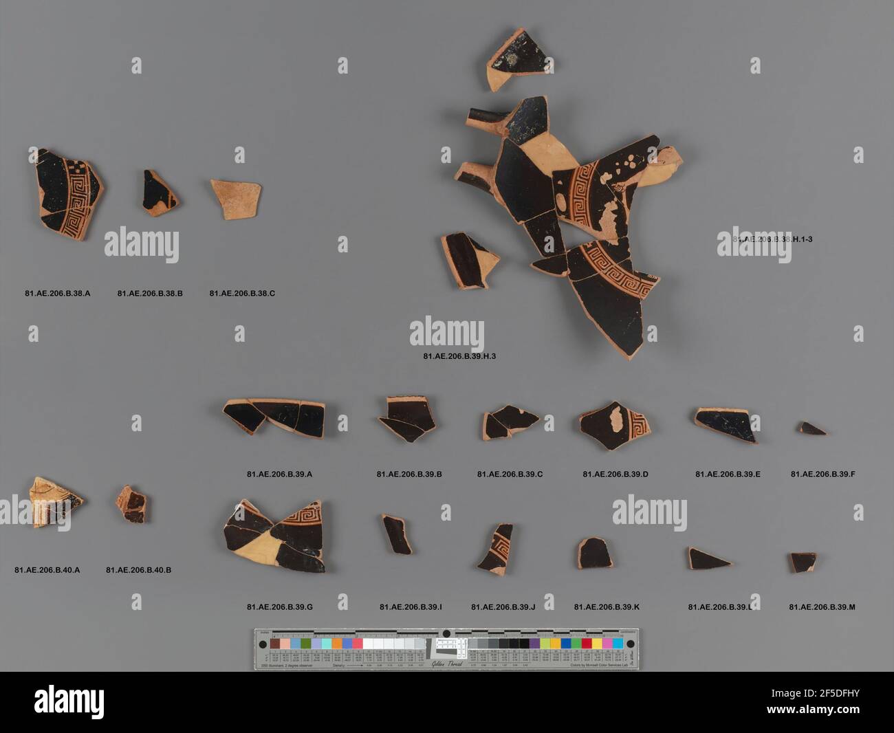 Frammento di Kylix a figura rossa attico (parte di 81.AE.206.B.39.h). Euaichme Pittore (greco (Attico), attivo circa 475 - 450 a.C.) Foto Stock