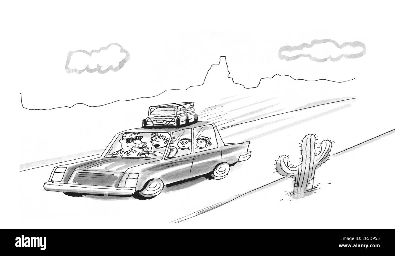La famiglia sembra preoccupata mentre guidano attraverso il deserto in vacanza. Foto Stock