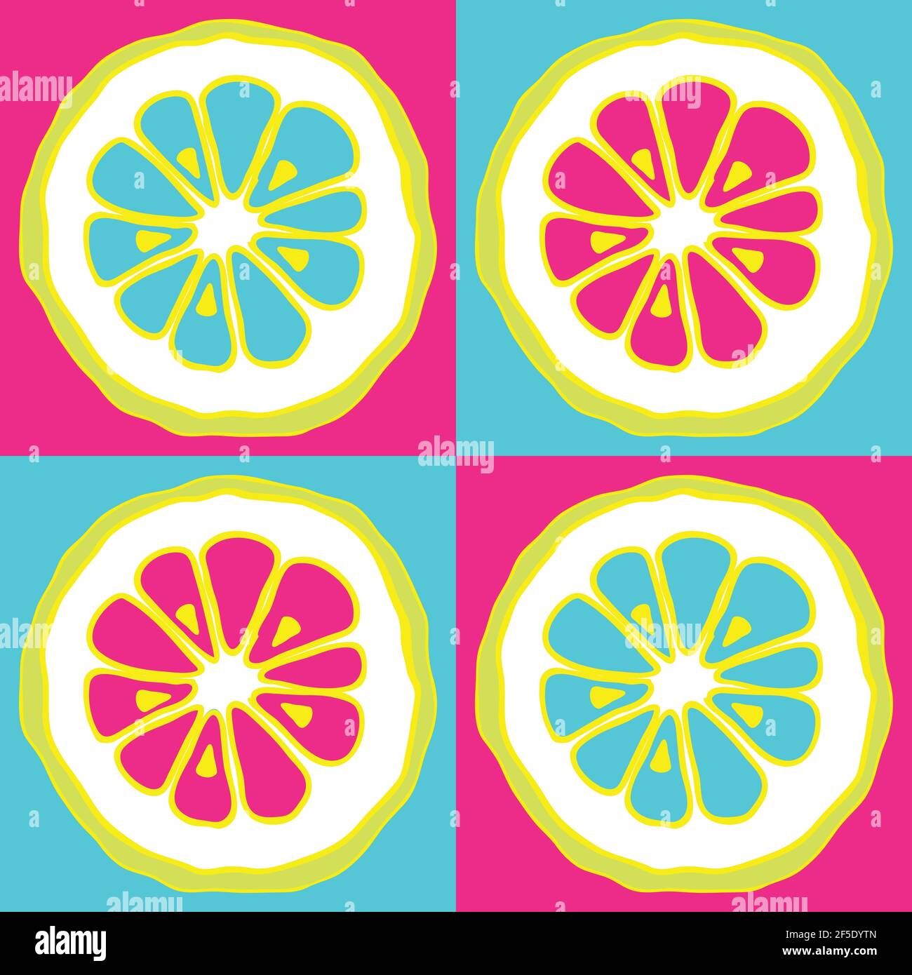 Pattern vettoriale con fette di agrumi su quadrati di colore neon. Calce dimezzata, design pop art arancione. Illustrazione Vettoriale