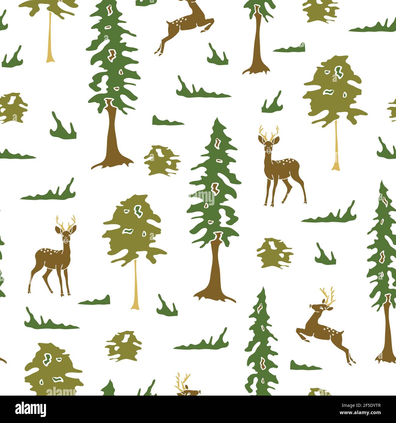 Modello vettoriale senza cuciture con cervi nella foresta su sfondo bianco. Semplice paesaggio animale carta da parati design. Illustrazione Vettoriale