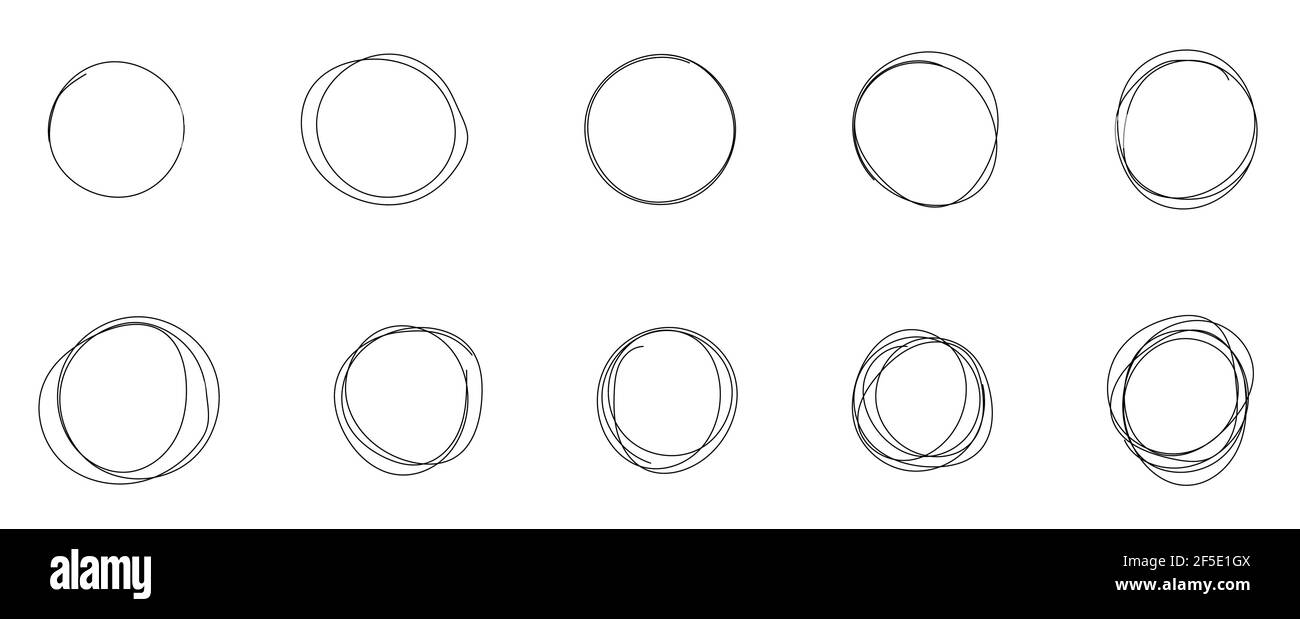 Insieme di schizzo della linea circolare disegnata a mano. Circolare vettore scrimolo doodle cerchi rotondi. Elemento grafico per il contrassegno della nota del messaggio Illustrazione Vettoriale