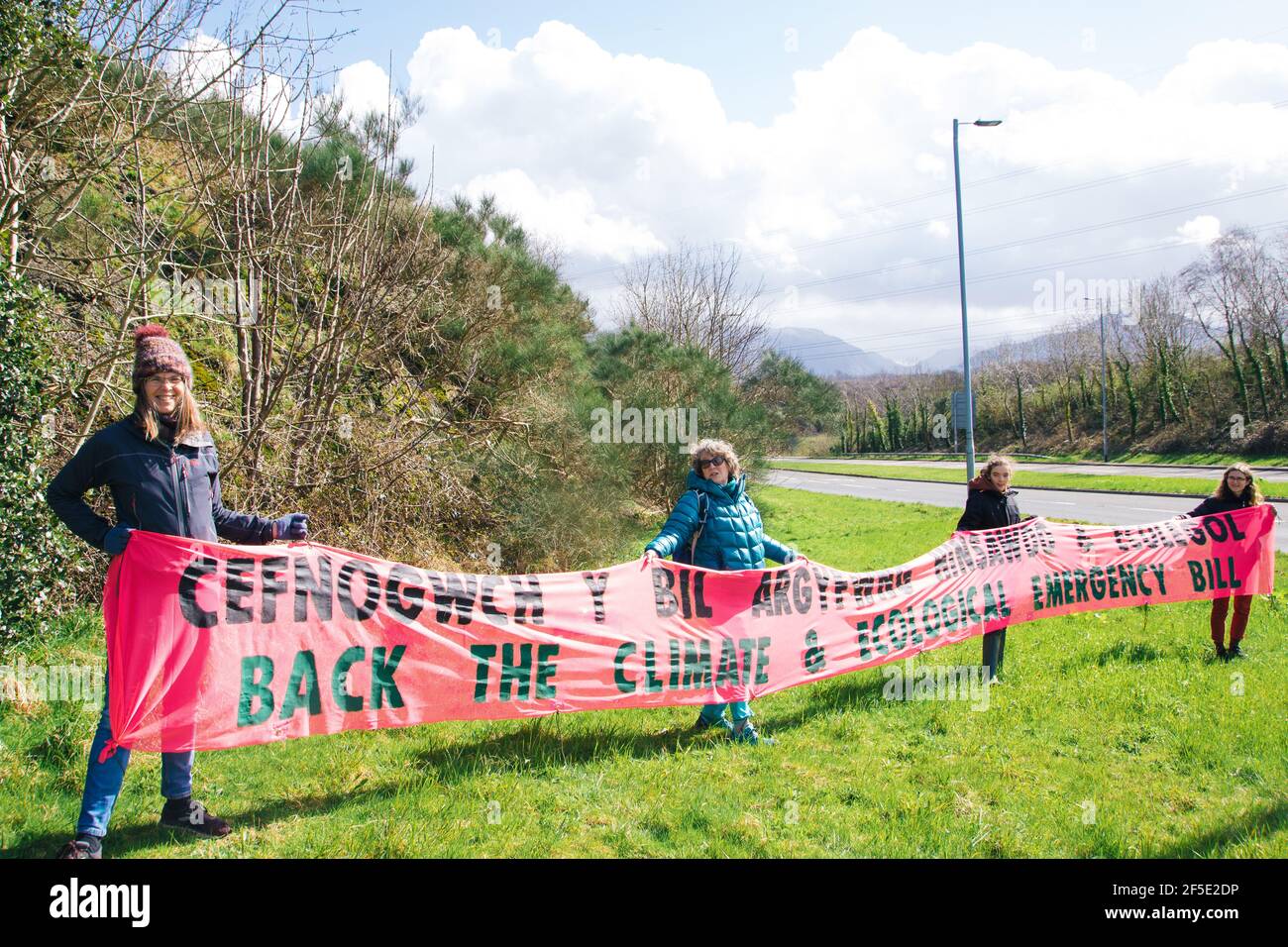 Una fermata alla rotatoria, Bethesda, Gwynedd, Galles del Nord, Regno Unito. 26 marzo 2021. I membri della ribellione per l'estinzione del Galles del Nord hanno in mano un cartello che chiede il sostegno del progetto di legge sul clima e l'emergenza ecologica.come parte di un giorno nazionale di lancio della bandiera.il Parlamento ha dichiarato un'emergenza climatica nel 2019 – ma i manifestanti dicono che le azioni non hanno eguagliato le loro parole. Un'emergenza richiede un'azione forte e decisiva per invertire la crisi climatica ed ecologica. Foto Stock