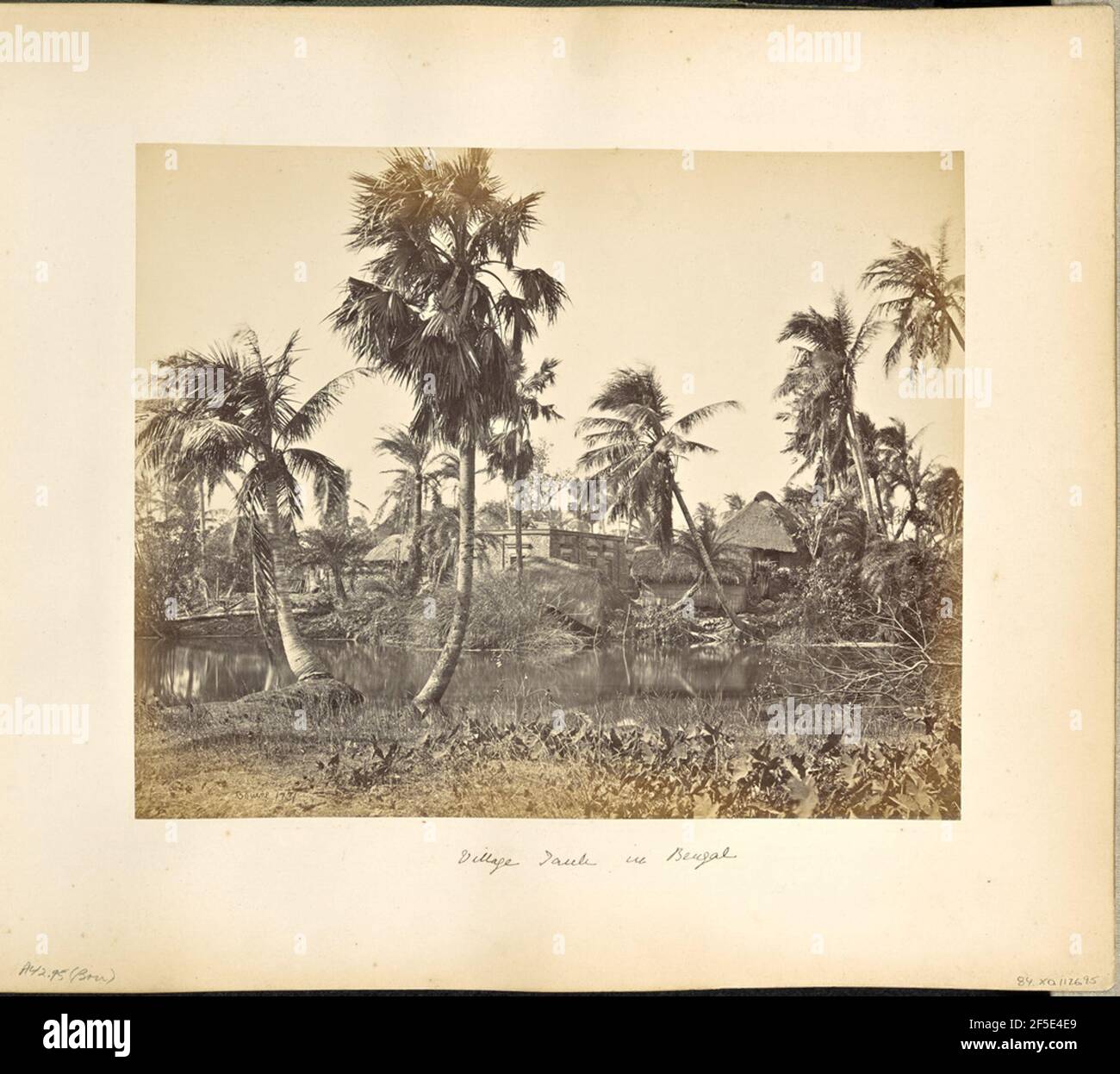 Calcutta; scene rustiche e vita rurale in Bengala. Vista della piscina o del serbatoio in un villaggio rurale bengalese. Un edificio in mattoni è visibile attraverso palme e pennello sul lato lontano della piscina, circondato da capanne con tetto di paglia. (Recto, immagine) in basso a sinistra, scritto a mano in negativo: '1731' (recto, mount) in basso a sinistra, scritto a mano a matita: 'A42.95 (Bou)' in basso al centro, scritto a mano in inchiostro nero: 'Village Tank in Bengala' Foto Stock