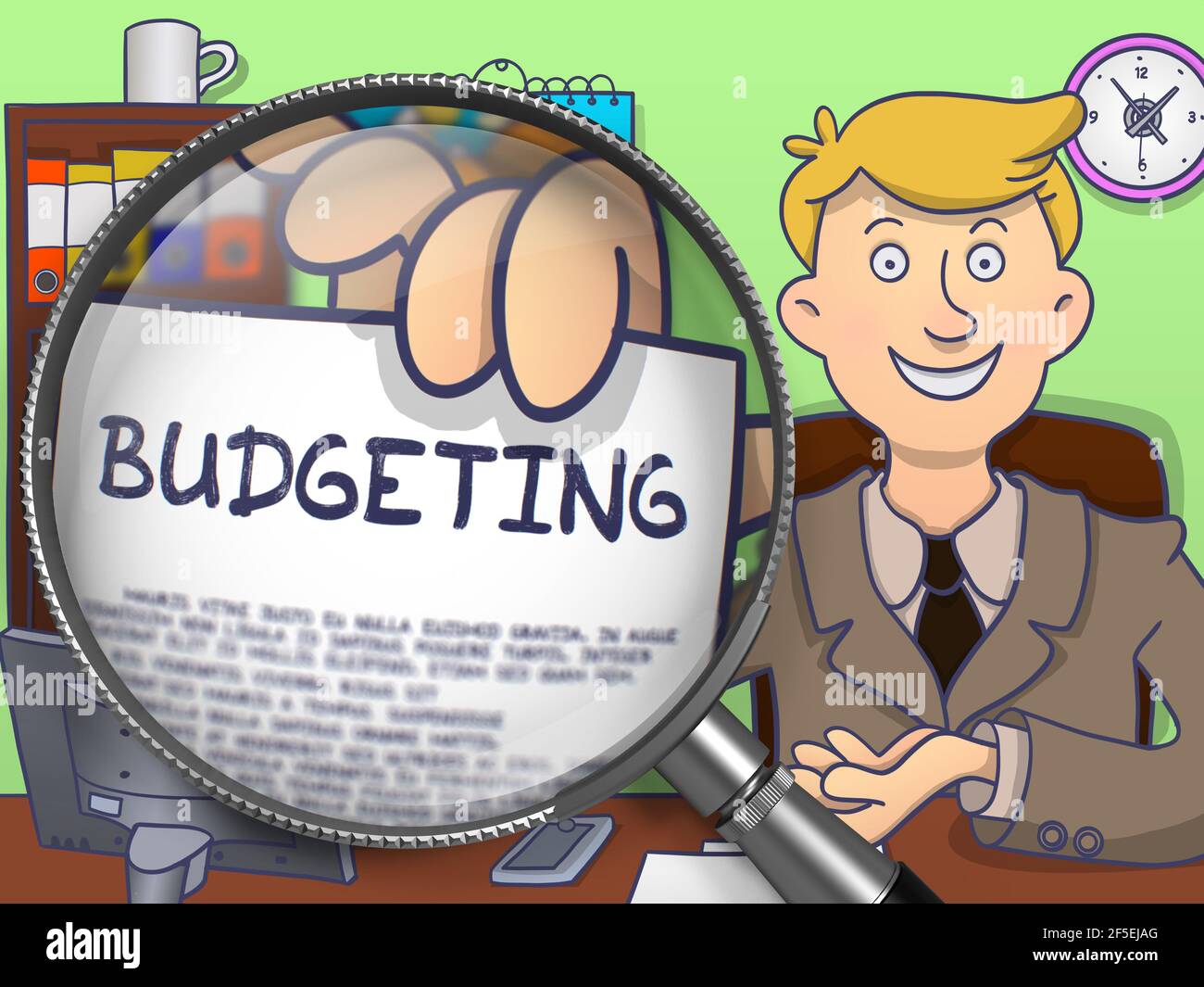 Budget. Uomo d'affari che mostra il concetto sulla carta attraverso l'obiettivo. Illustrazione di Doodle multicolore. Foto Stock