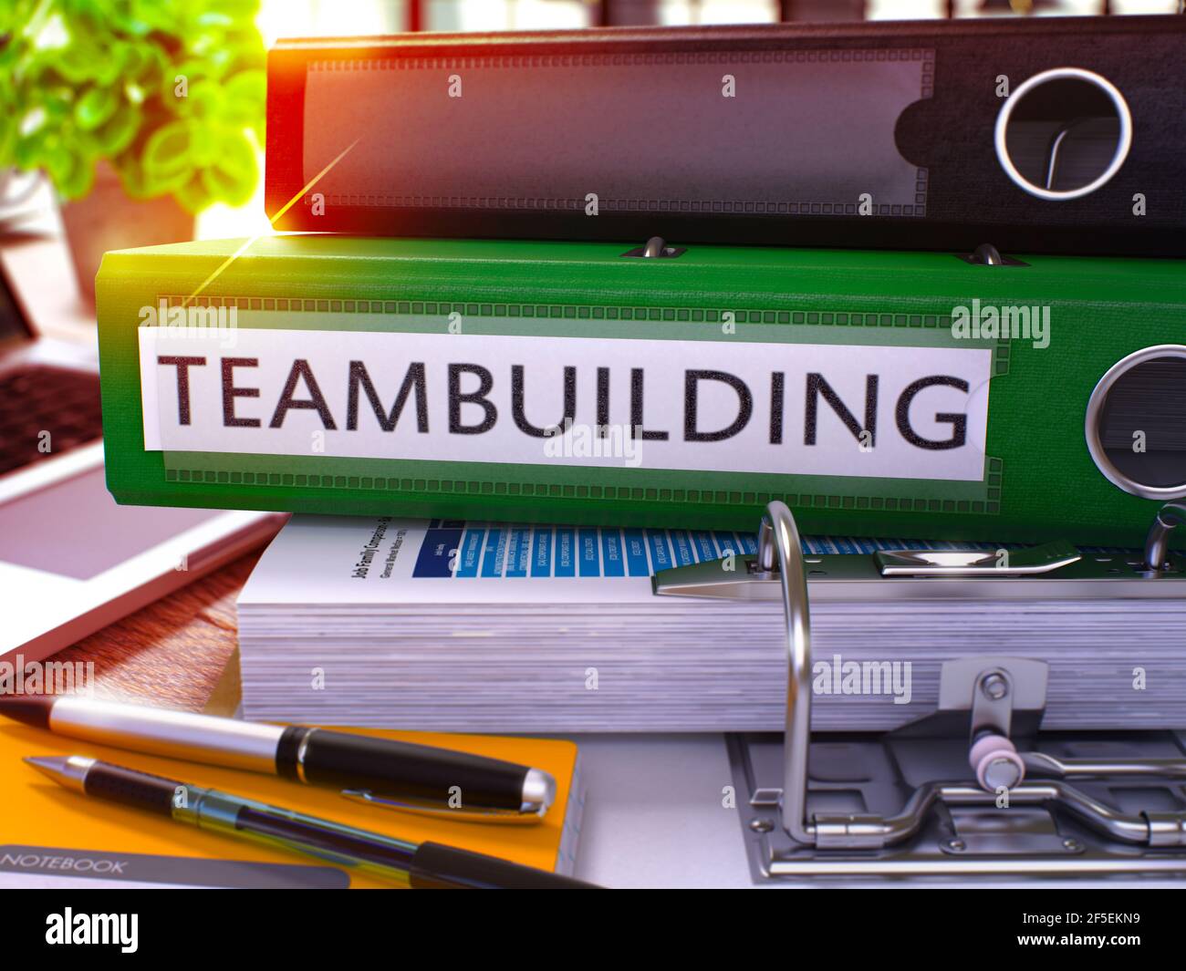 Raccoglitore ad anello verde con iscrizione Teambuilding sullo sfondo del tavolo di lavoro con forniture per ufficio e laptop. Teambuilding concetto di business su sfondo sfocato. Rendering 3D. Foto Stock