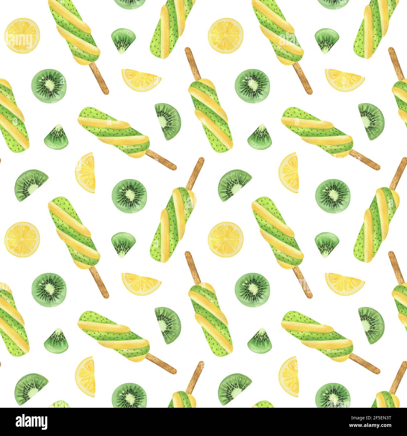 Gelato kiwi, frutta e fette di limone senza cuciture acquerello disegno a mano, illustrazione ripetizione dolce ornamento dessert per l'arredamento di vacanza estiva, ta Foto Stock