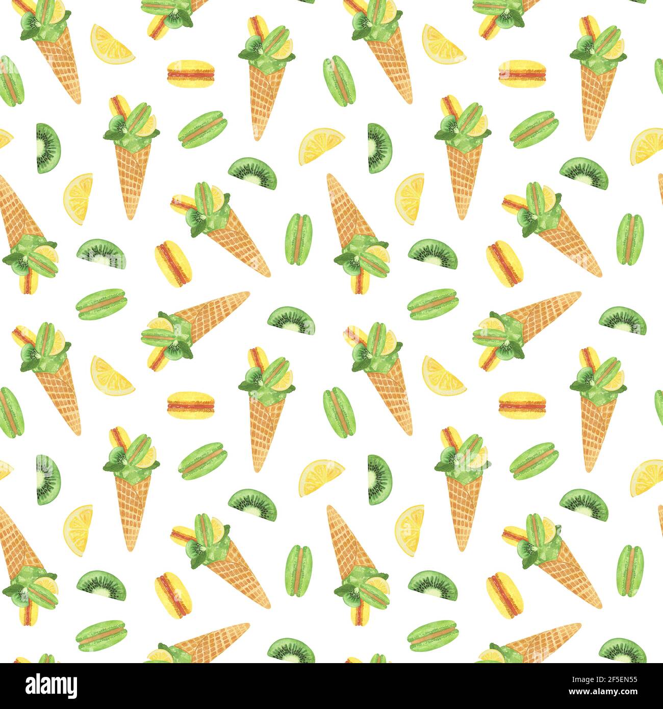 Gelato kiwi, frutta, fette di limone, macaroon acquerello senza cuciture disegno a mano, illustrazione ripetizione dolce ornamento dessert per le vacanze estive d Foto Stock