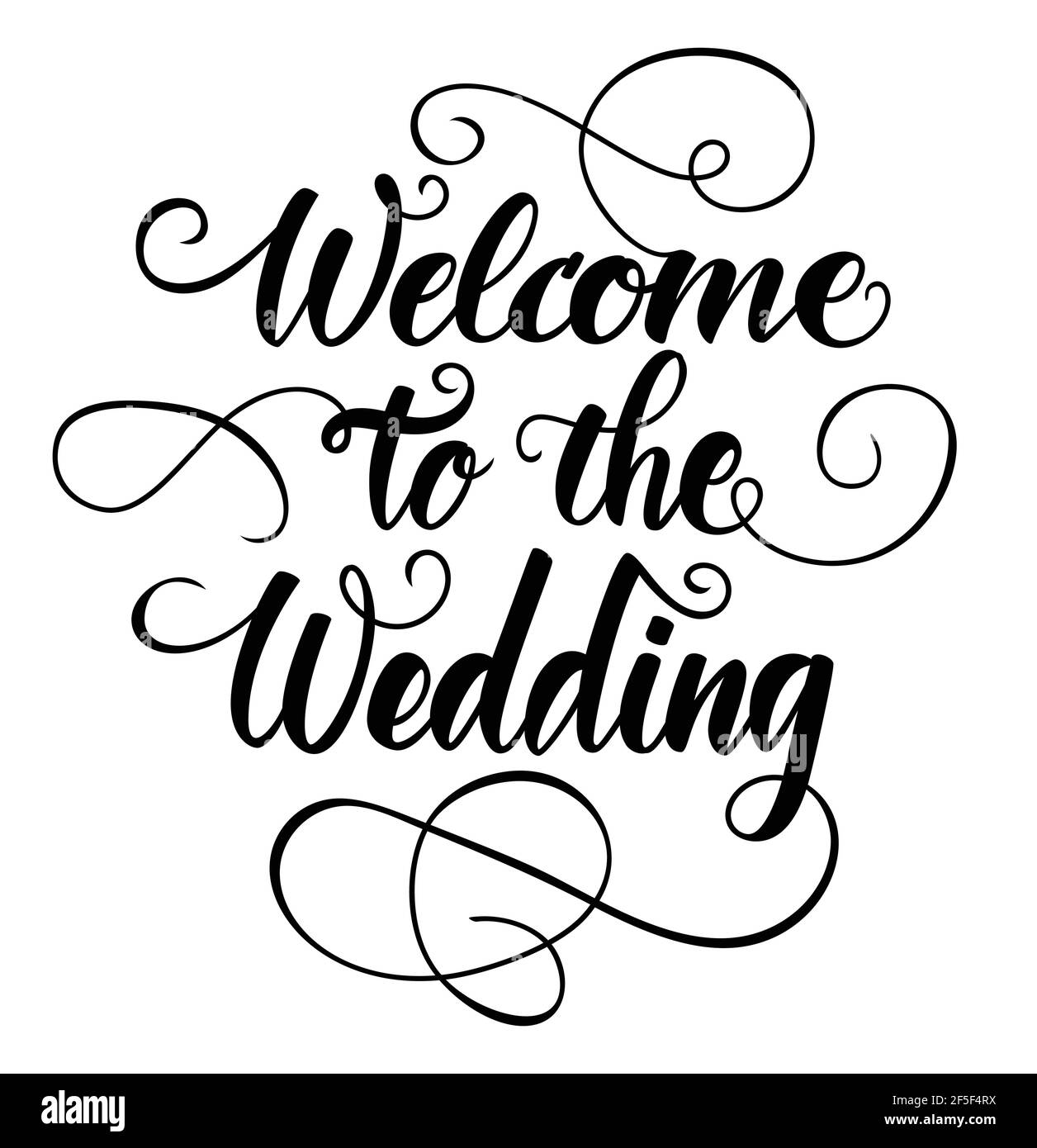 Benvenuti a mano al matrimonio con decorazione fiorente. Pennino a pennello calligrafia. Cartello di matrimonio su sfondo bianco. Illustrazione vettoriale Illustrazione Vettoriale