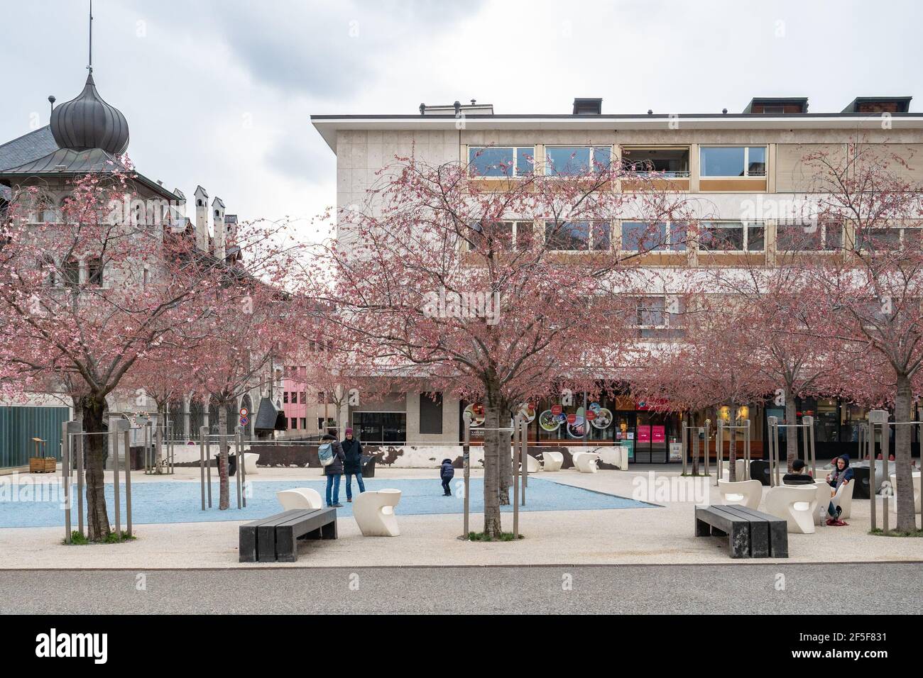 Sion, Svizzera - 13 marzo 2021: La vegetazione nella città. Place de Rempart. Foto Stock