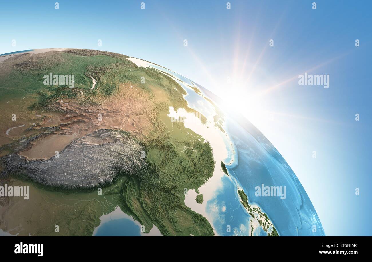 Il sole splende su una vista dettagliata del pianeta Terra, focalizzata sull'Asia orientale, la Cina, l'Himalaya e il Tibet - elementi forniti dalla NASA Foto Stock