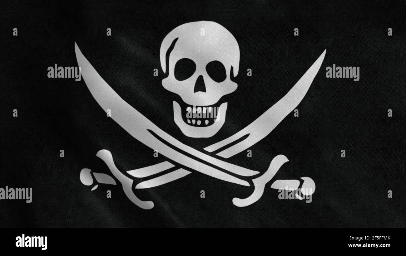 Bandiera ondulata dei pirati con spade incrociate che ondolano nel vento. illustrazione 3d Foto stock - Alamy