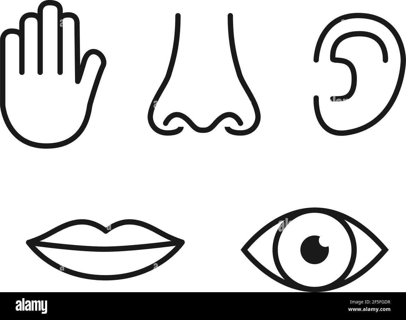 Icona del contorno insieme di cinque sensi umani: Visione (occhio), odore (naso), udito (orecchio), tatto (mano), gusto (bocca con lingua). Illustrazione Vettoriale