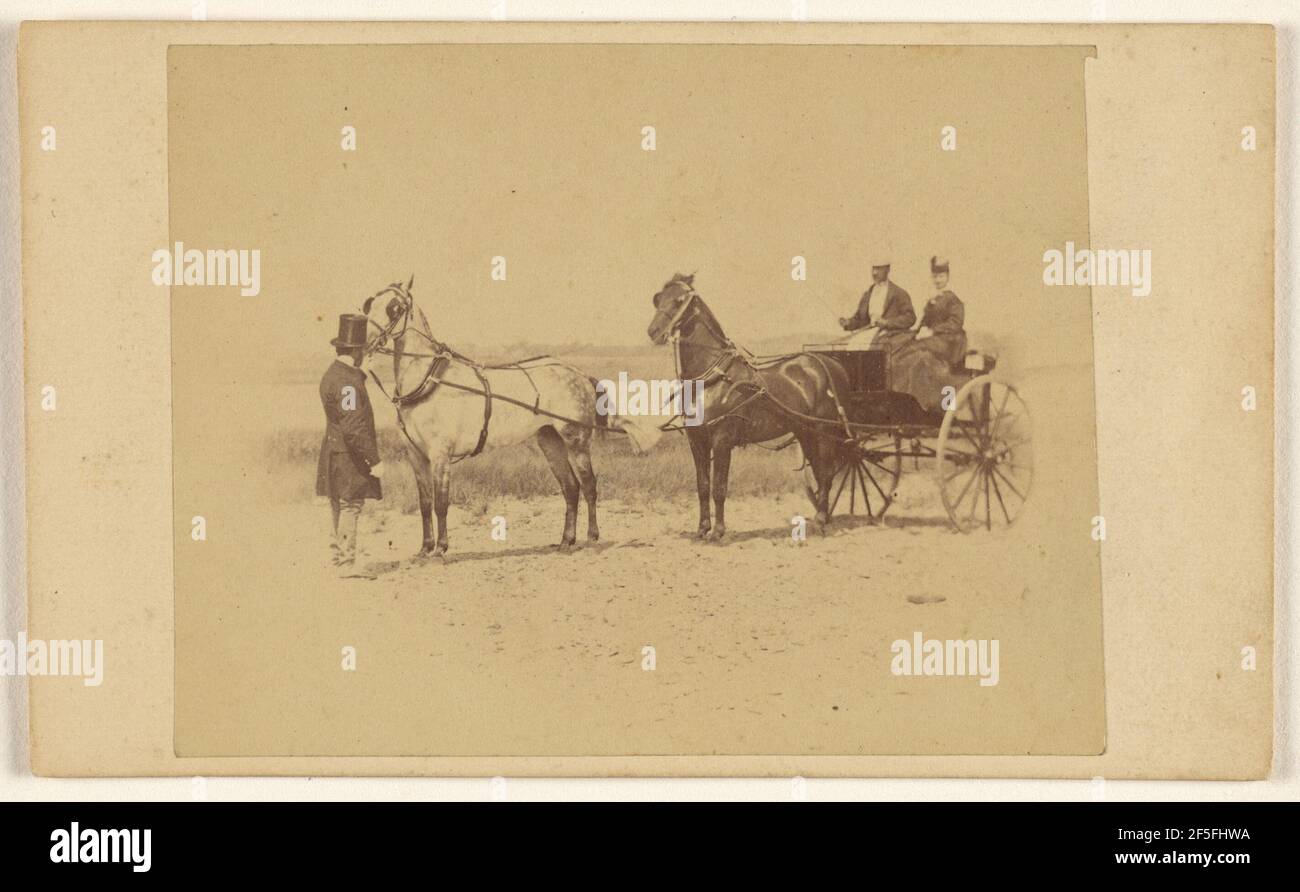 Coppia non identificata in carrozza trainata da doppio cavallo, con un uomo non identificato che indossa un cappello che tiene il cavallo anteriore. George P. Critcherson (americano, 1823 - 1892) Foto Stock