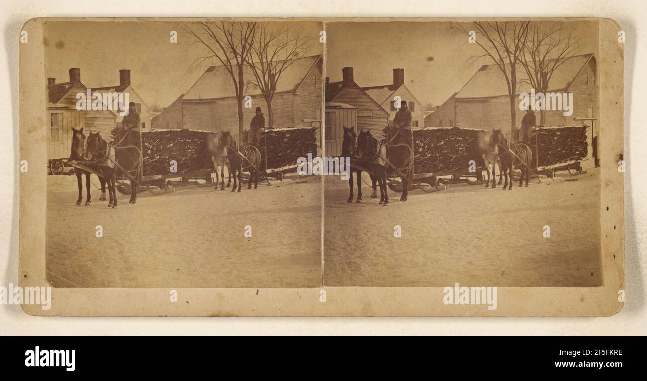 Due uomini, ciascuno su un carro trainato da cavalli riempito di tronchi, possibilmente a Lincoln, Maine. William P. Dean (americano, nato Canada, 1835 - 1911) Foto Stock