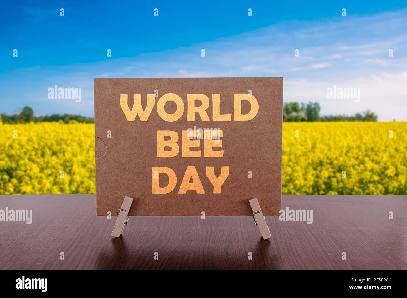 Il testo del giorno dell'ape del mondo sulla carta sul tavolo con il campo giallo e lo sfondo blu del cielo. Il 20 maggio si celebra la Giornata mondiale delle api. Foto Stock