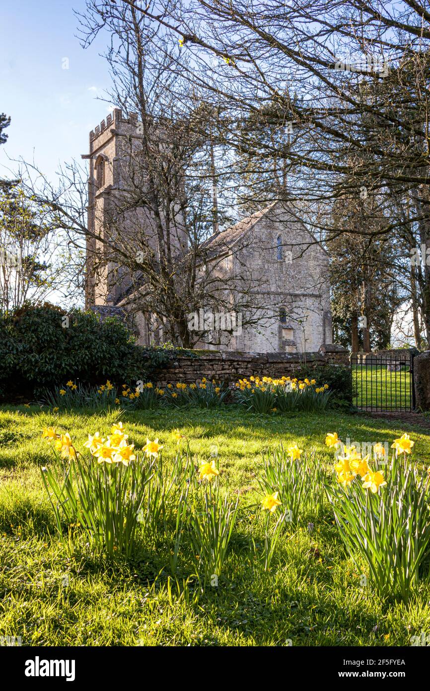 Primavera nella chiesa normanna di San Giovanni nel villaggio di Elkstone, nel Gloucestershire UK Foto Stock