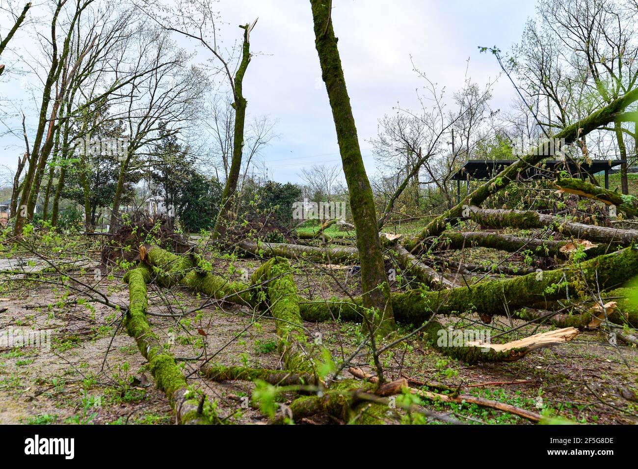 Helena, Alabama, Stati Uniti. 26 Marzo 2021. Una violenta supercella passò attraverso gran parte dell'Alabama giovedì. I tornados mortali hanno causato danni estesi a molte aree tra cui le contee di Shelby e Calhoun. Almeno 5 vite sono state dichiarate come conseguenza del tempo. Un giorno dopo il maltempo, i detriti e la distruzione si vedono sia nelle comunità residenziali che nelle imprese. Credit: Jeremy Raines/ZUMA Wire/Alamy Live News Foto Stock