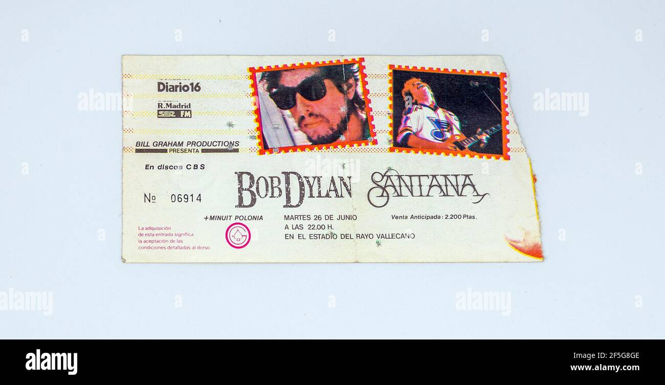 Biglietto per il concerto BOD Dylan e Carlos Santana, 26 giugno 1984, Madrid, Spagna Foto Stock