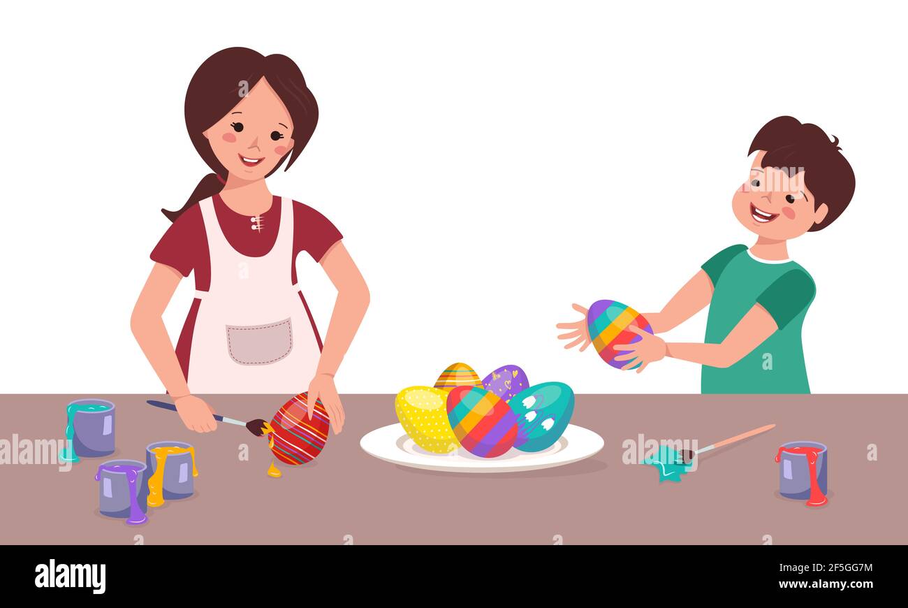I bambini felici dipingono le uova di Pasqua al tavolo Illustrazione Vettoriale