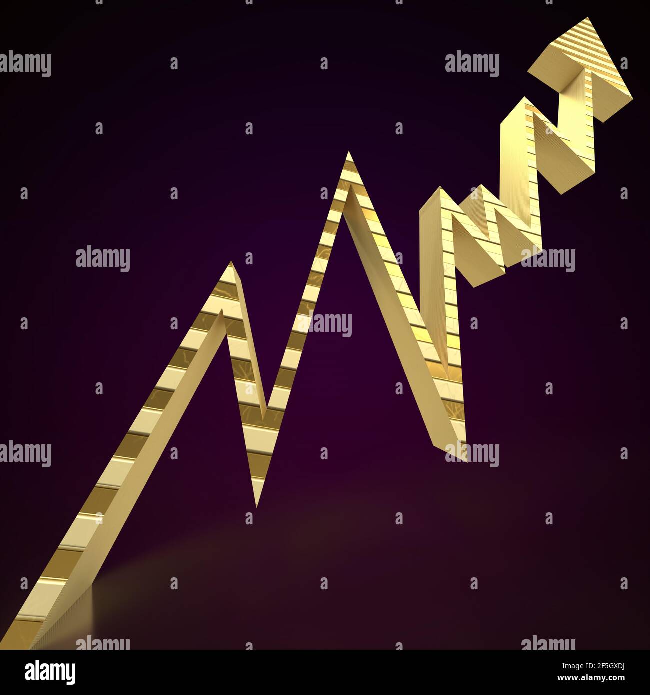 Un'immagine astratta di sfondo della freccia della linea di tendenza verso l'alto 3D dorata. Foto Stock