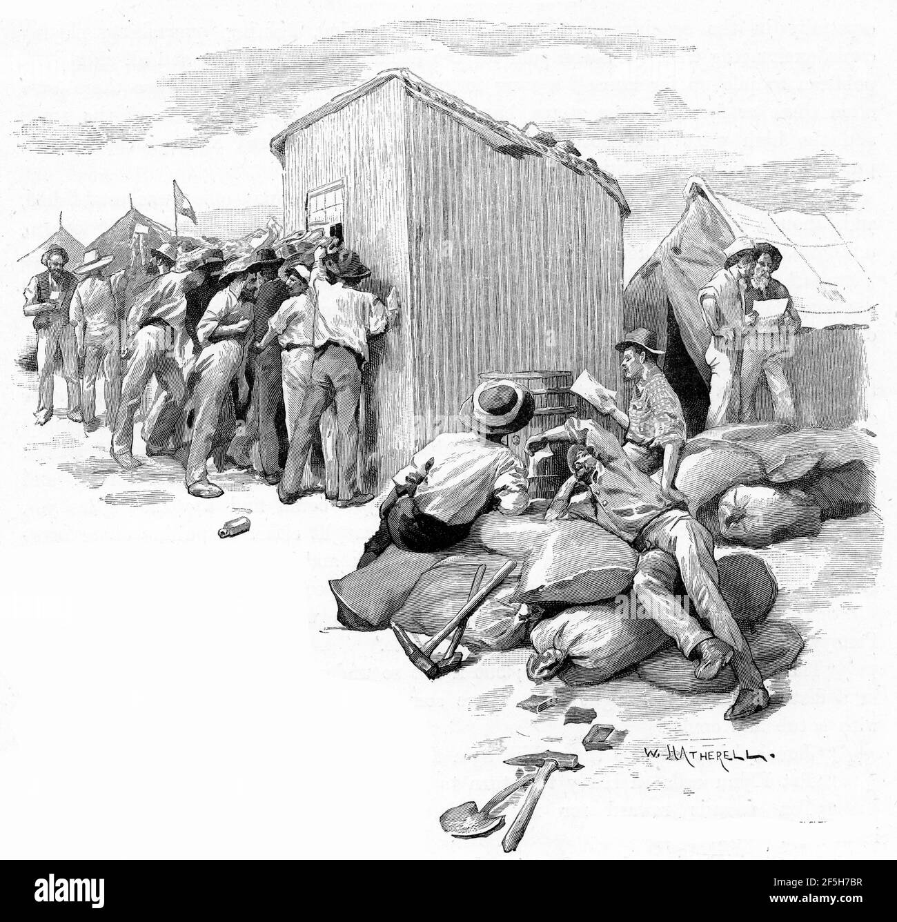 Incisione di una folla di orafi che legge la loro posta all'ufficio postale, circa 1870 Foto Stock
