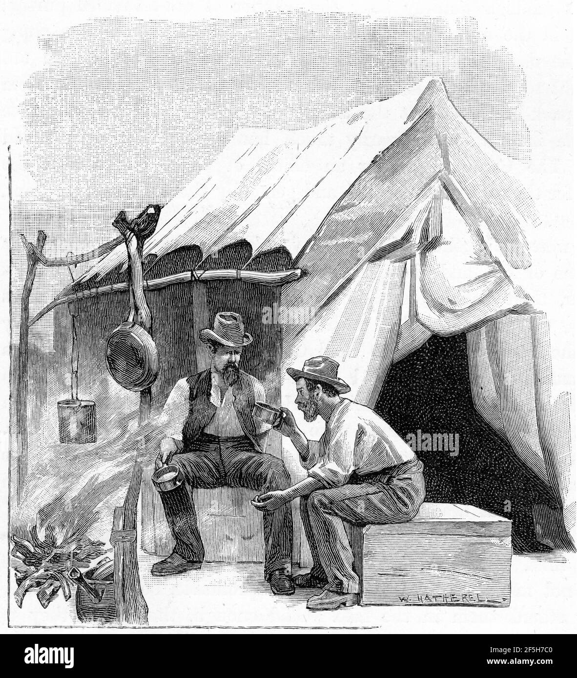 Incisione di un paio di minatori d'oro che mangiano alla loro shanty sulle diggings in Australia, circa 1870 Foto Stock