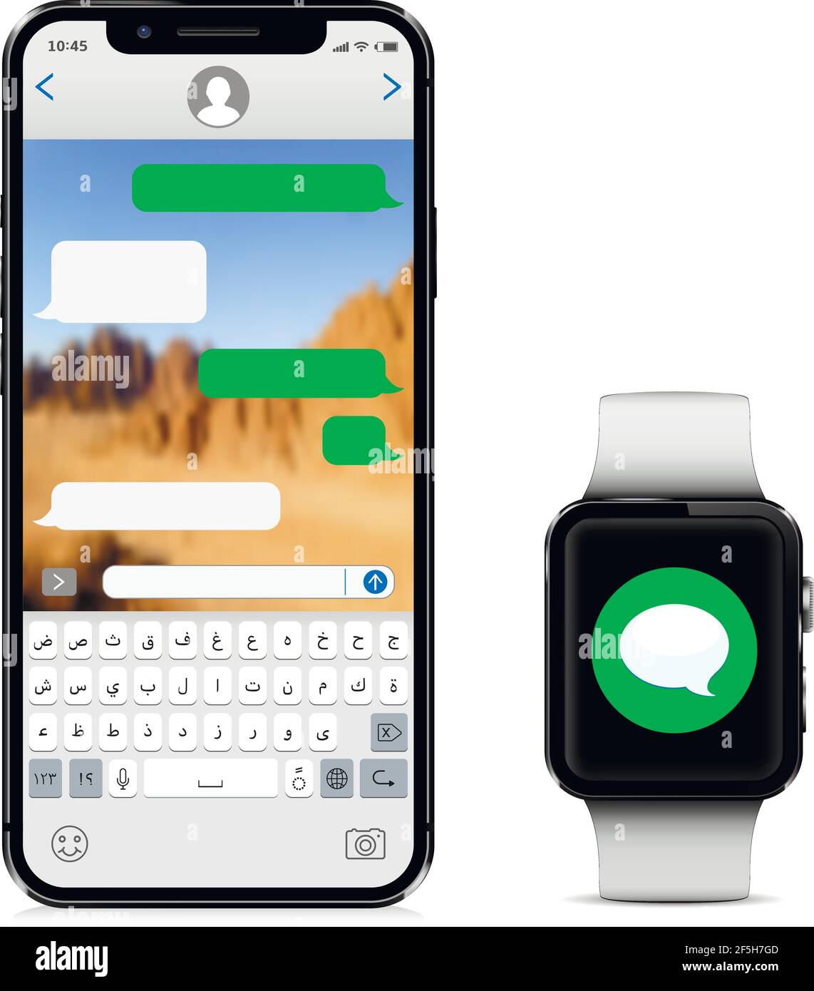 Smartphone con tastiera alfabetica araba e orologio intelligente con nuovo messaggio sullo schermo isolato su sfondo bianco. Illustrazione vettoriale. Illustrazione Vettoriale