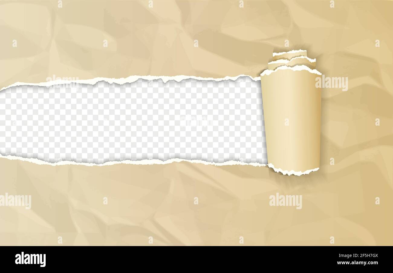 Carta crumpled marrone realistica con bordo arrotolato su sfondo trasparente. Illustrazione vettoriale. Illustrazione Vettoriale