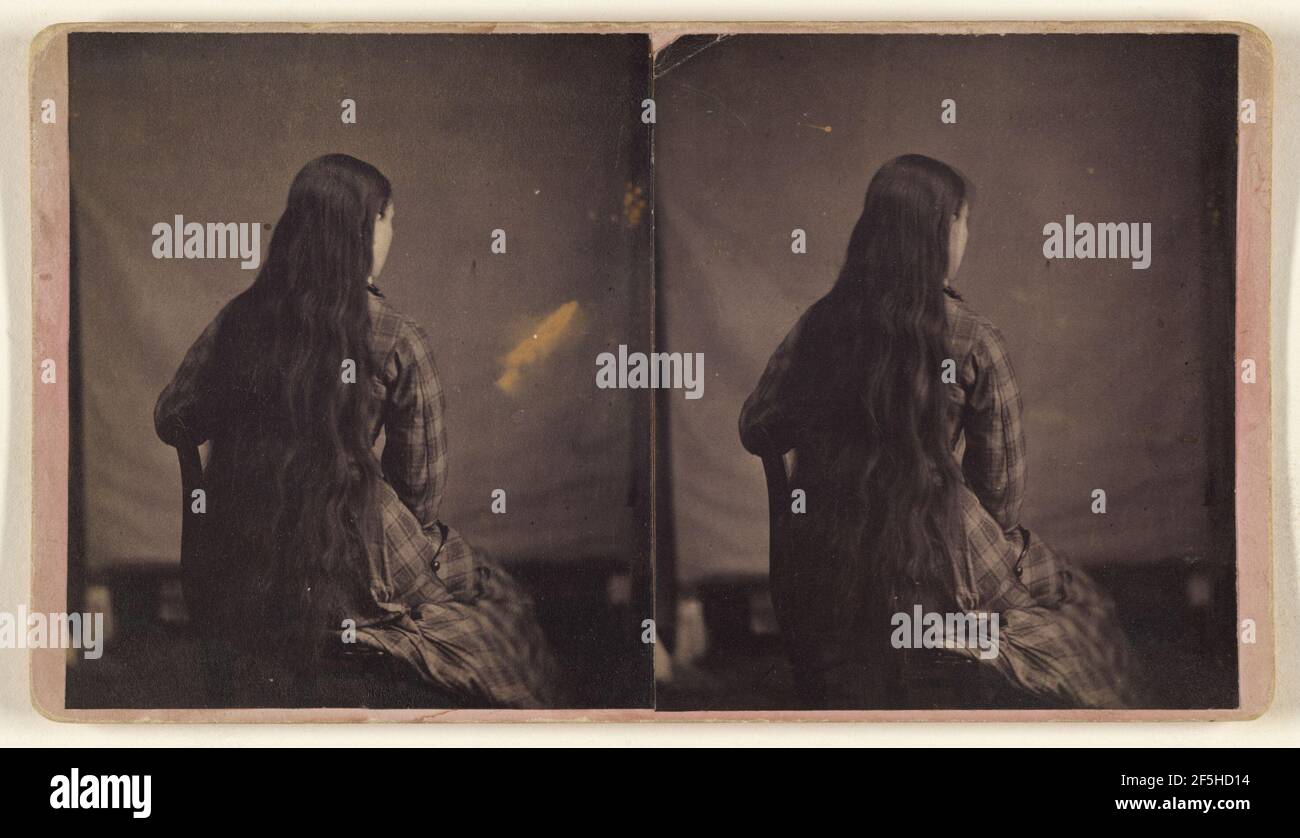 Donna con capelli estremamente lunghi seduta, di nuovo alla macchina fotografica. F. K. Kittredge (americano, attivo Danville, Vermont 1870) Foto Stock